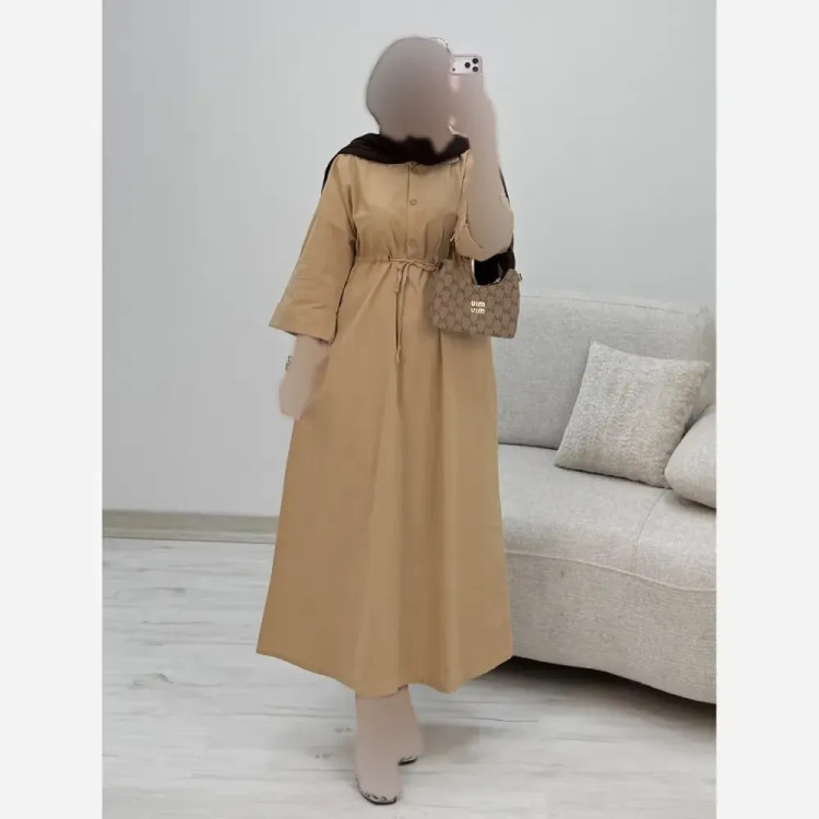 پیراهن لنین زنانه رنگ کرم فری سایز 38 تا 46