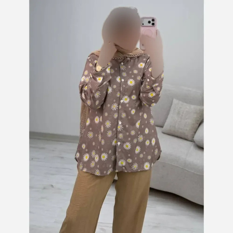 ست شومیز و شلوار مدل بابونه رنگ کرم جنس بوگاتی و صوفیا فری سایز 38 تا 46
