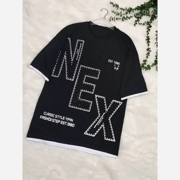 تیشرت لش NEX مشکی با جنس نخ پنبه باکیفیت و طراحی اسپرت سایز فری تا 48