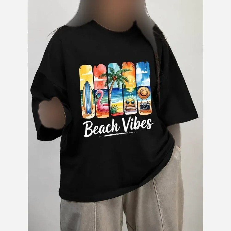 تیشرت باکسی زنانه طرح beach vibes جنس پنبه سوپرنخ فری سایز