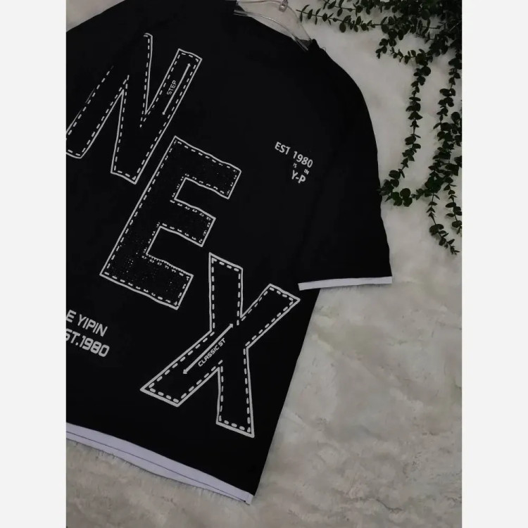 تیشرت لش NEX مشکی با جنس نخ پنبه باکیفیت و طراحی اسپرت سایز فری تا 48