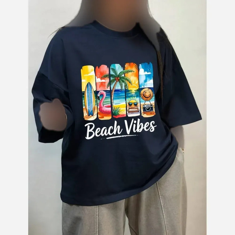 تیشرت باکسی زنانه طرح beach vibes جنس پنبه سوپرنخ فری سایز