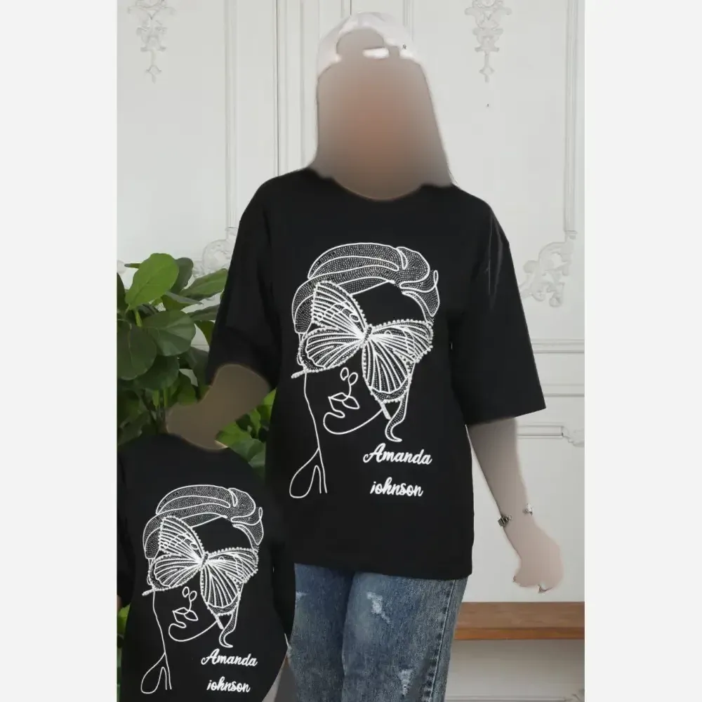 تیشرت زنانه نخی مشکی طرح چشم مروارید دوزی شده فری سایز تا 48