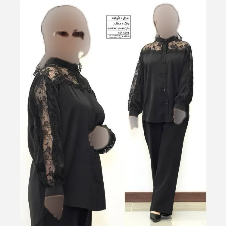 شومیز زنانه کرپ الیزه مدل شیفته مشکی با خرجکار نوار قلاب بافی و تور سایز 38 تا 60