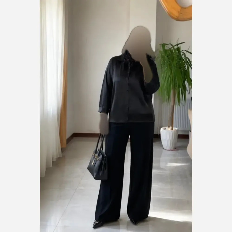 شومیز باکسی ساتن ابریشم اعلا زنانه رنگ مشکی فری سایز
