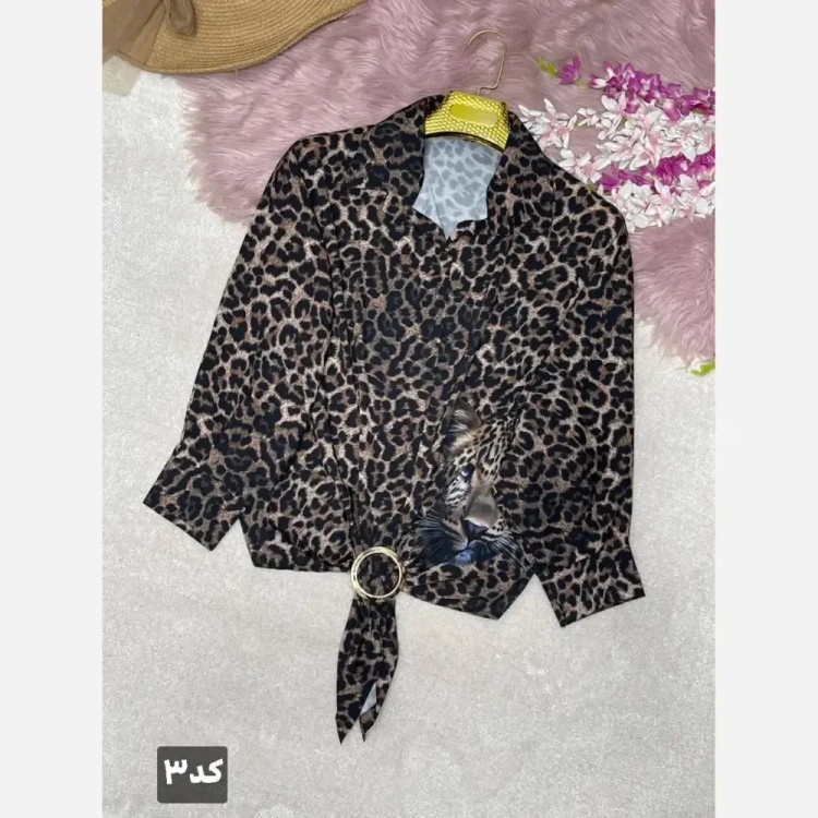 شومیز گره ای طرح پلنگی جنس بوگاتی فری سایز 38 تا 46
