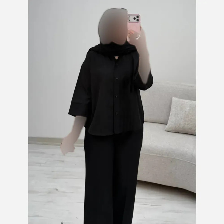 شومیز زنانه محرمی مدل ماوا جنس شانتون رنگ مشکی فری سایز 38 تا 46