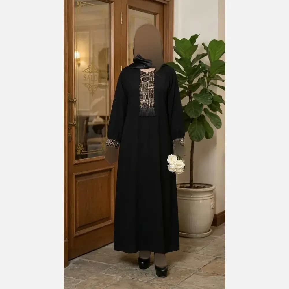 عبا زنانه مدل هدیه جنس الیزه با خرجکار سوزن دوزی درجه یک رنگ مشکی فری سایز