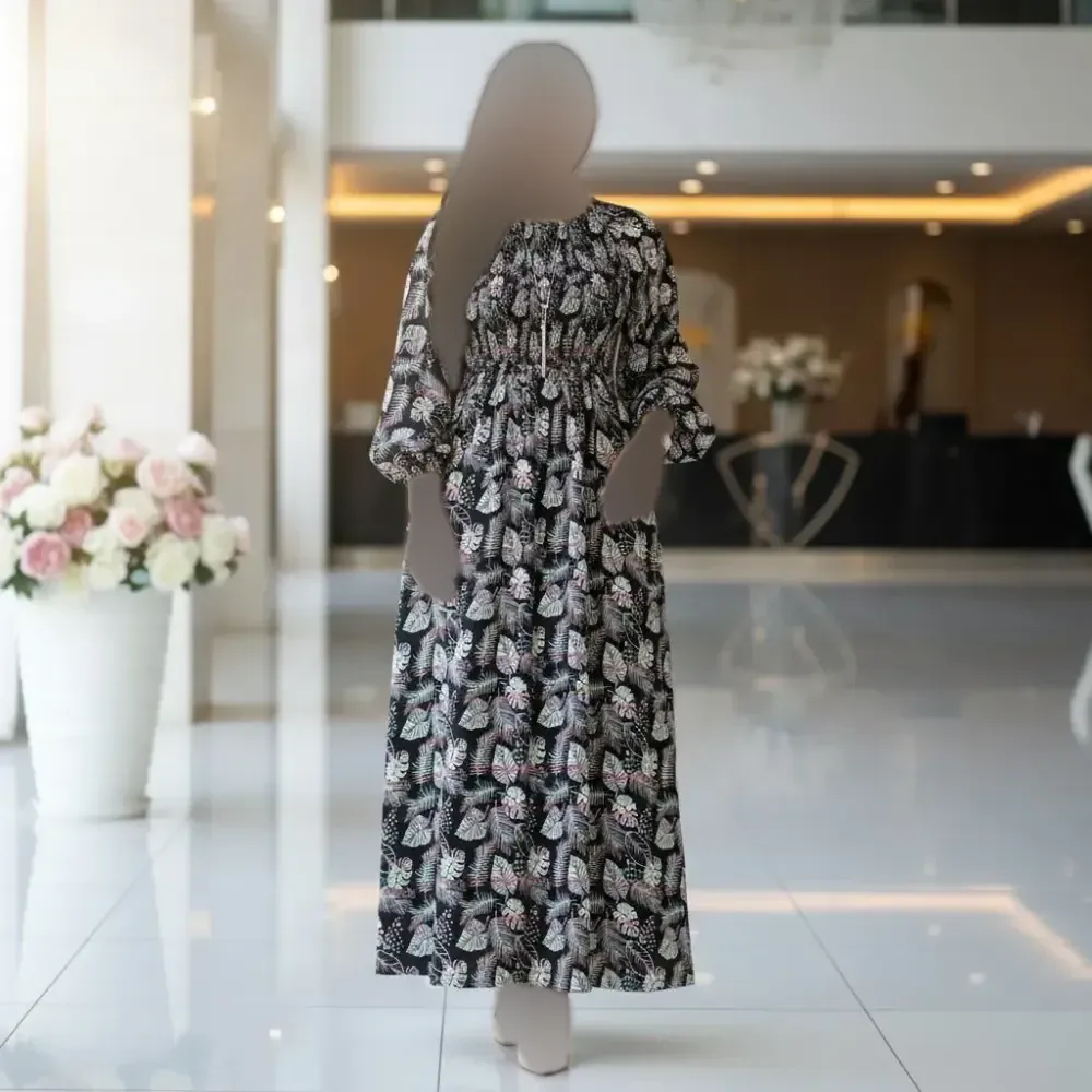 پیراهن ساحلی زنانه نخی طرح برگ فری سایز خنک تابستانه