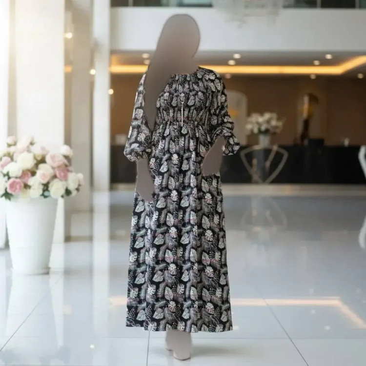پیراهن ساحلی زنانه نخی طرح برگ فری سایز خنک تابستانه