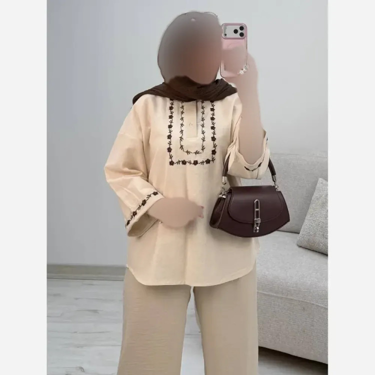 ست شومیز و شلوار گلدوزی لاوین جنس لنین و صوفیا فری سایز 38 تا 46