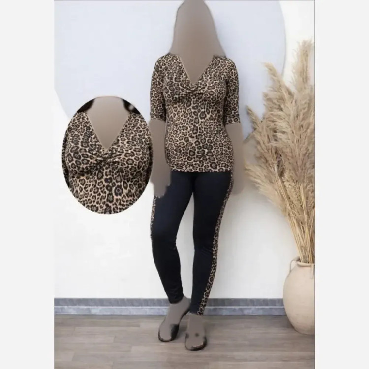 ست تیشرت و شلوار زنانه طرح پوست ماری جنس فلامنت الیزه فری سایز