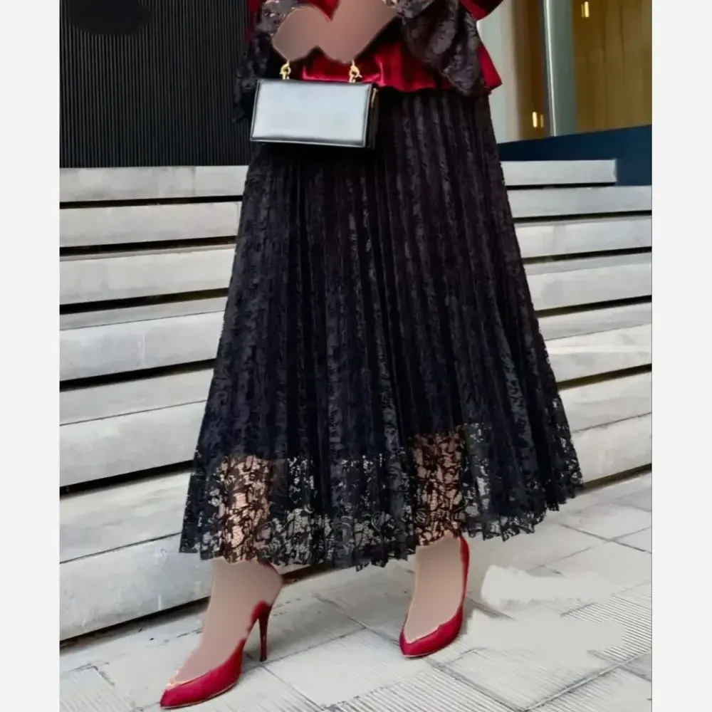 دامن پیلیسه گیپور دانتل مشکی فریسایز تا سایز 46 قد 90 کمر کش