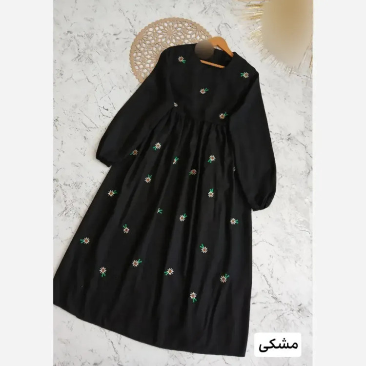 پیراهن زنانه لینن مدل محیا فری سایز تا 48 یقه زیپ دار ساحلی کش دار