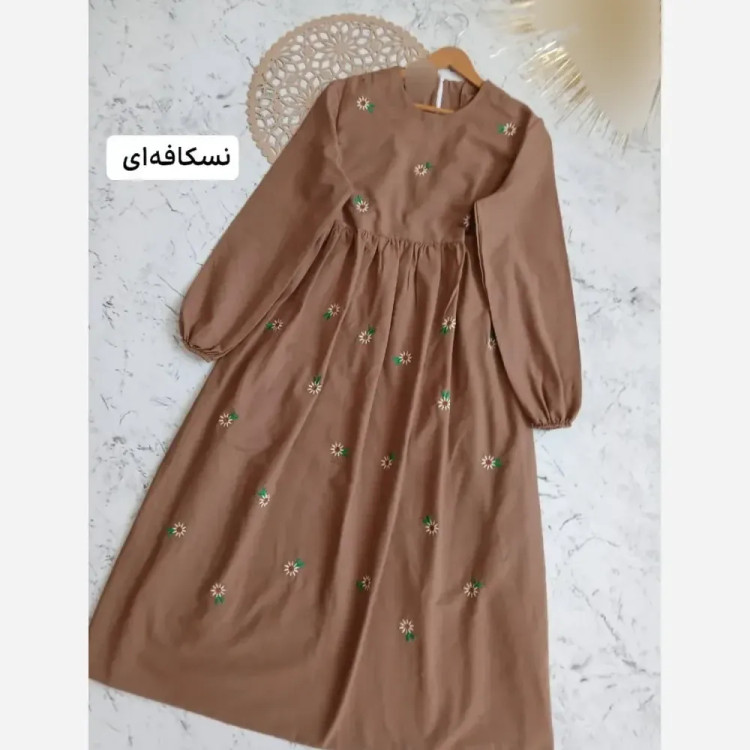 پیراهن زنانه لینن مدل محیا فری سایز تا 48 یقه زیپ دار ساحلی کش دار