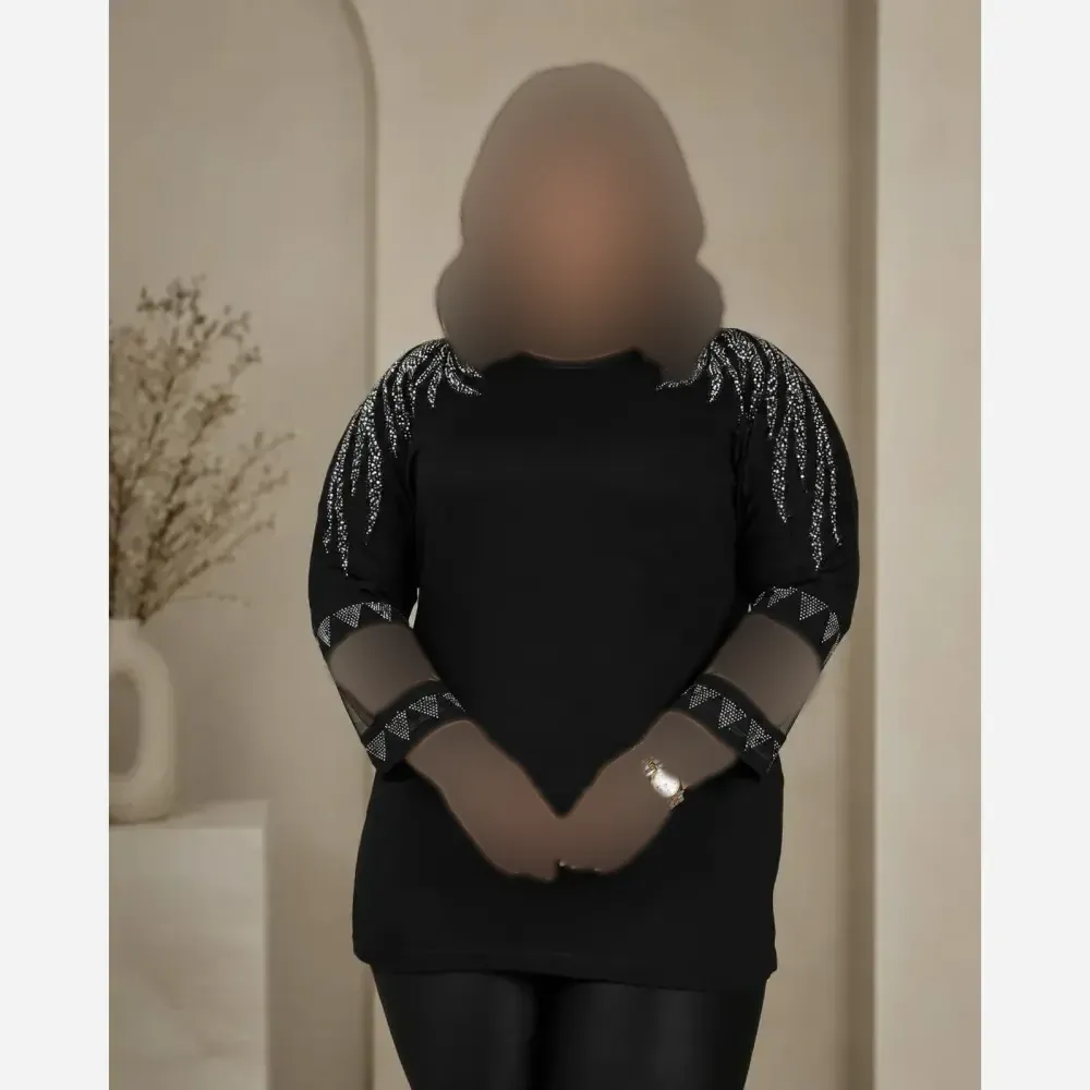 بلوز زنانه سایز بزرگ مدل مهستی جنس ویسکوز فول لاکرا نگینی فری سایز 42 تا 52