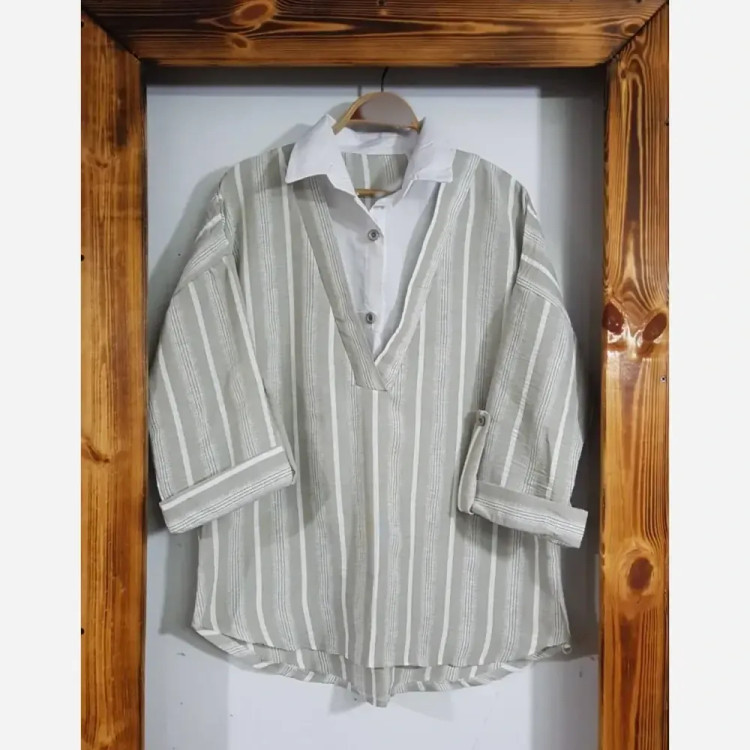 شومیز زنانه راه راه یقه سفید جنس لینن زارا فری سایز