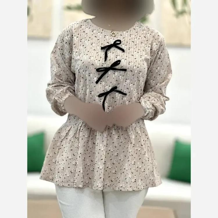 تونیک عروسکی زنانه جنس گل گچی رنگ استخونی فری سایز