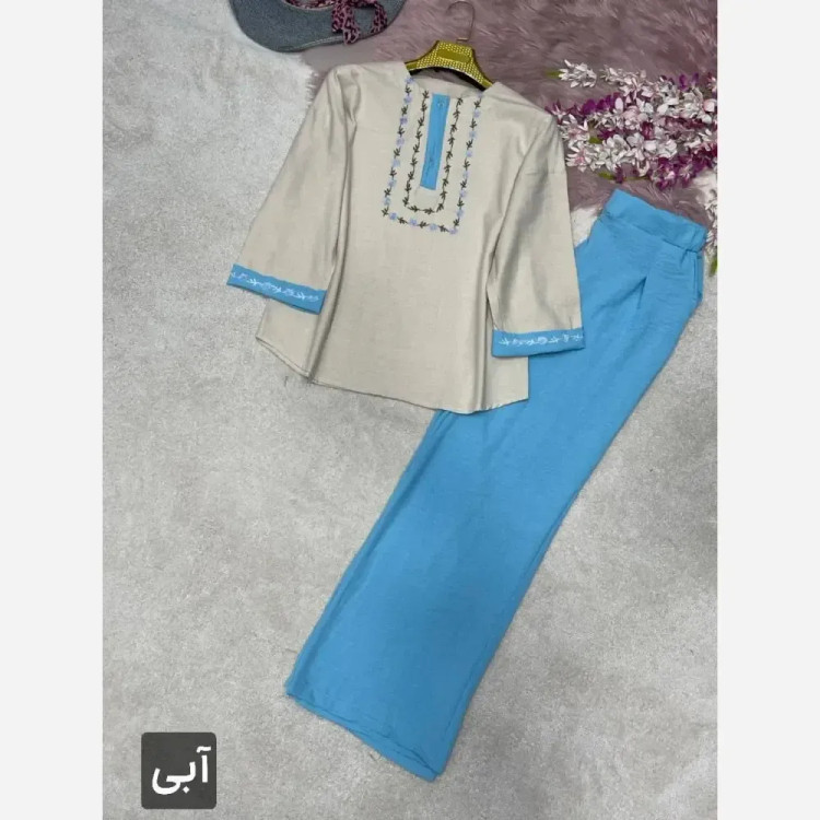 ست شومیز و شلوار گلدوزی لاوین جنس لنین و صوفیا فری سایز 38 تا 46