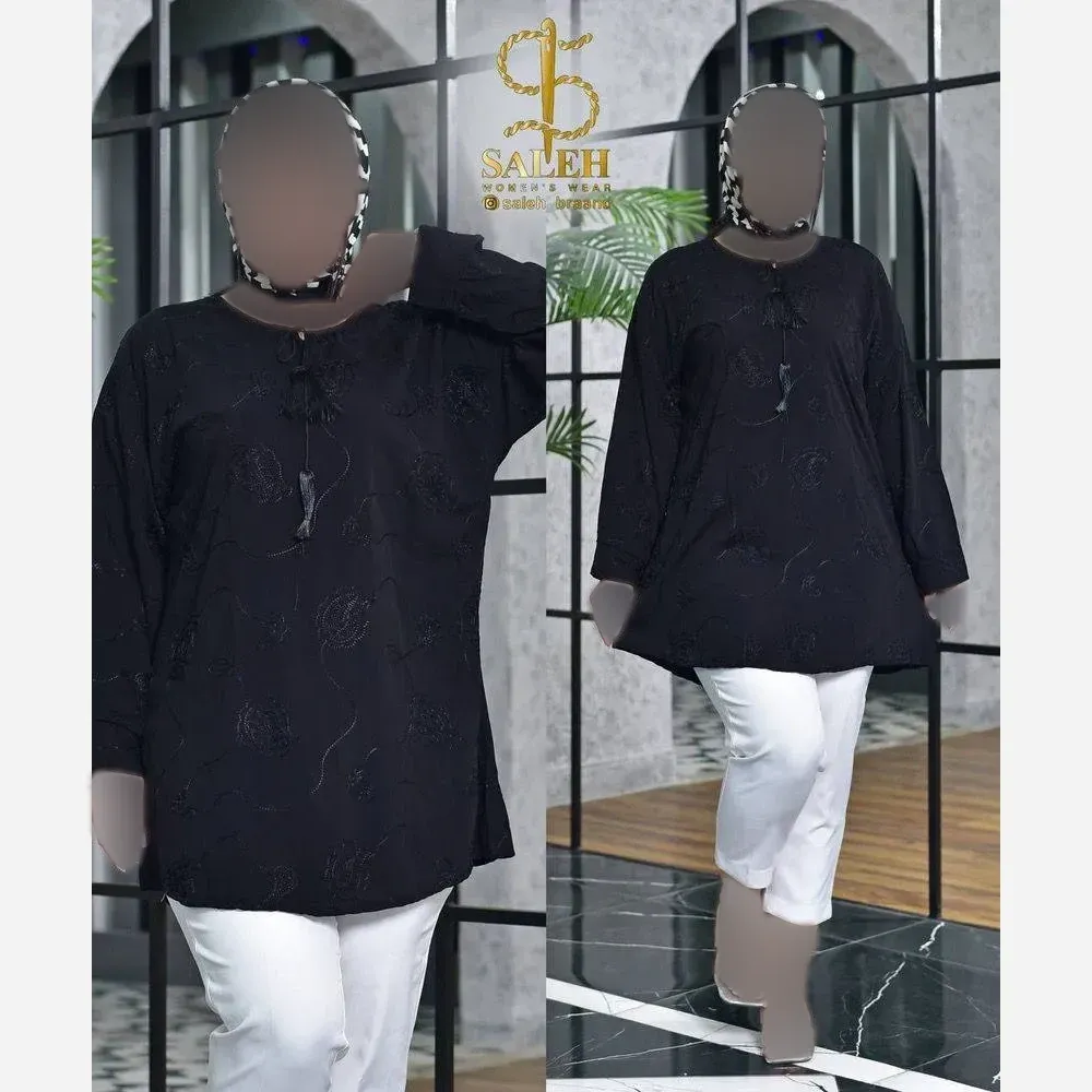 مانتو نخی خامه دوزی شده طرح پیچک مشکی سایز 38 تا 48