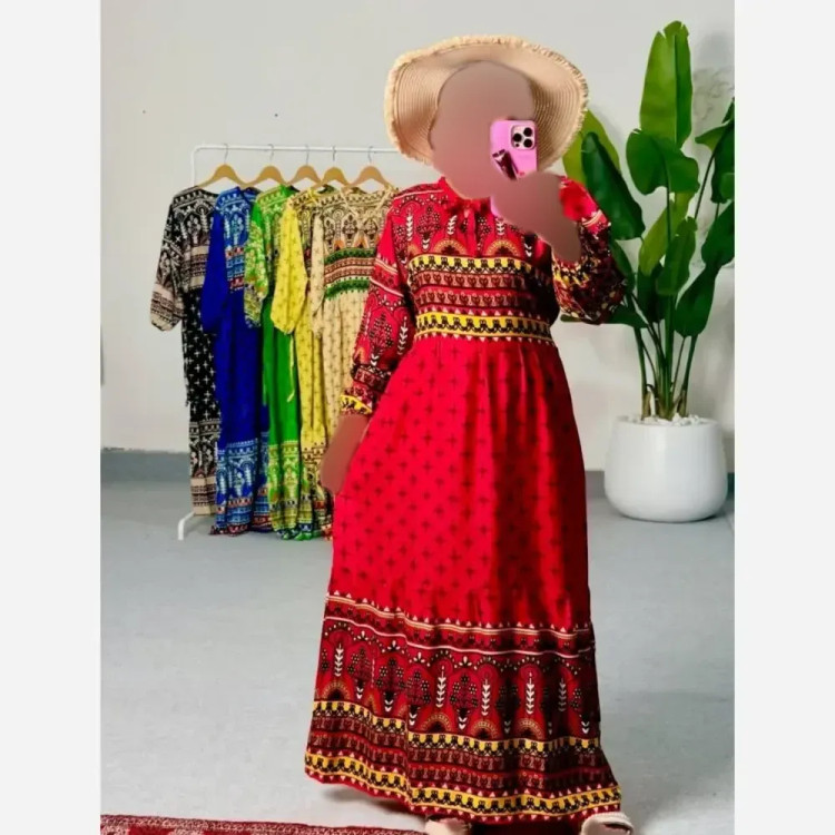 پیراهن نخی زنانه مدل آیدا حاشیه دار فری سایز