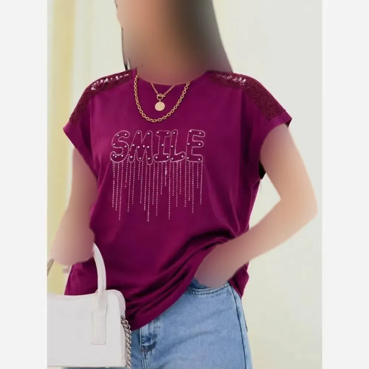 شومیز باکسی نگینی طرح SMILE جنس نخ پنبه فری سایز