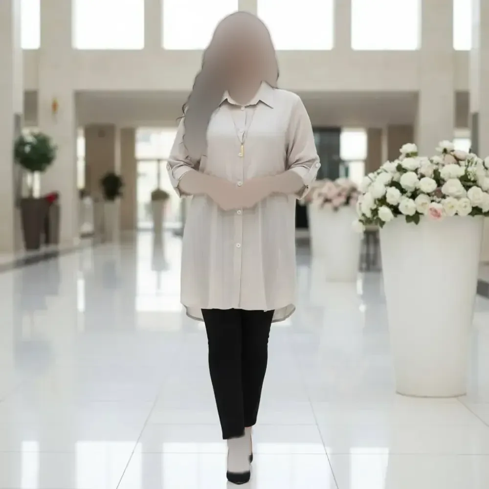شومیز مانتویی زنانه حریر طرحدار فری سایز رنگ کرم و استخوانی