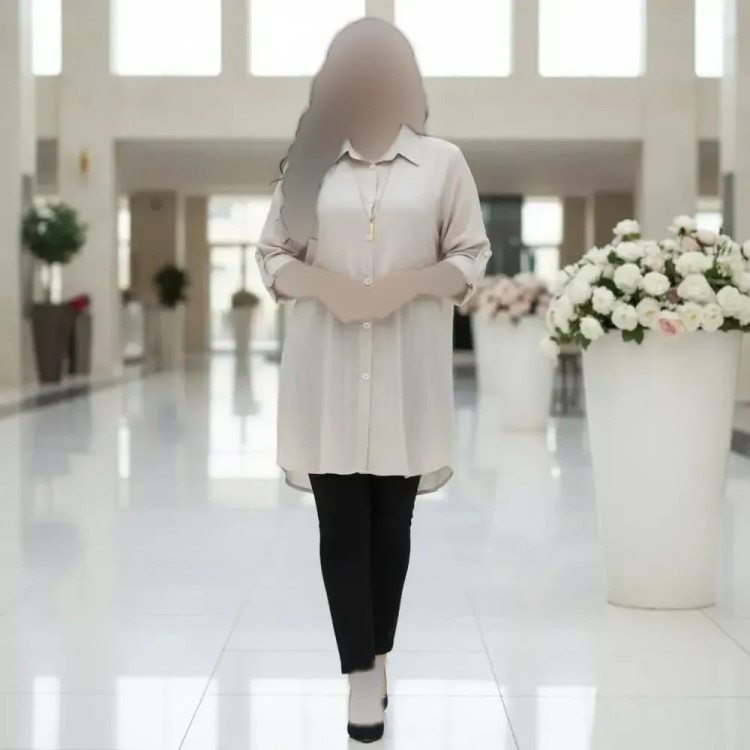 شومیز مانتویی زنانه حریر طرحدار فری سایز رنگ کرم و استخوانی