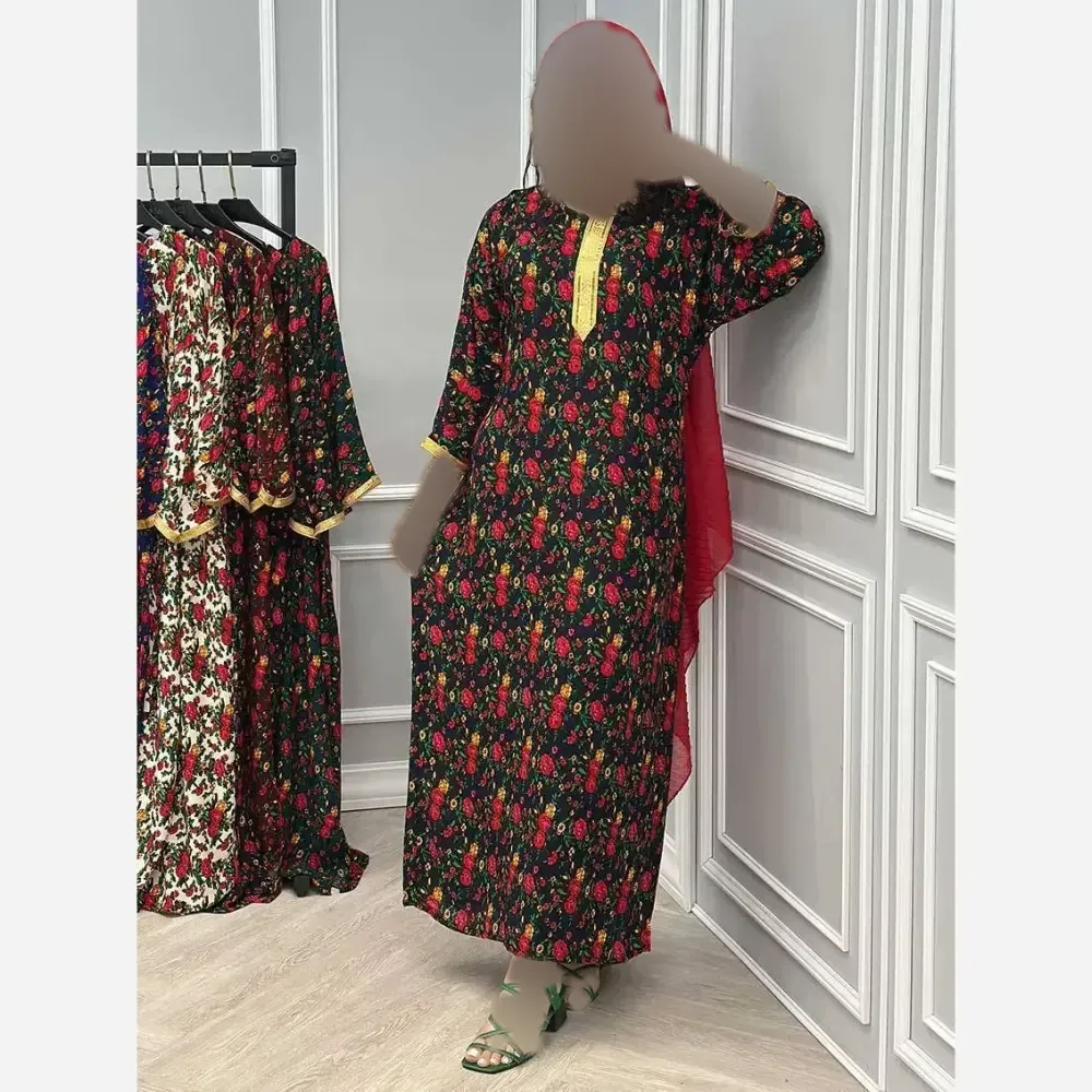پیراهن زنانه نخی ترکمنستان نوار طلایی فری سایز مناسب 36 تا 46