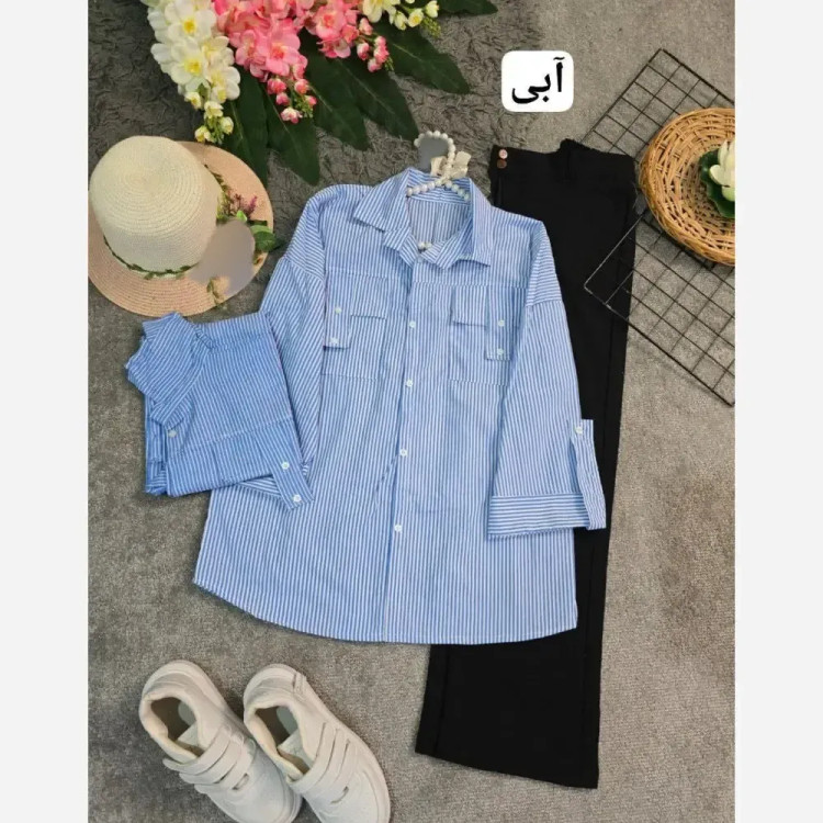 شومیز نخی راه راه زنانه مدل جیب صلیبی فری سایز 36 تا 46