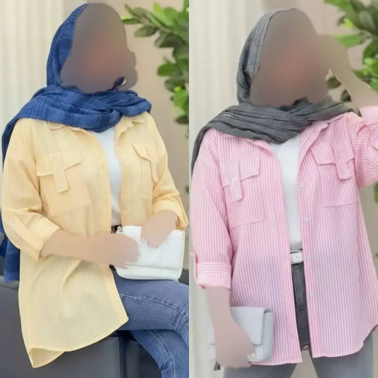 شومیز نخی راه راه زنانه مدل جیب صلیبی فری سایز 36 تا 46