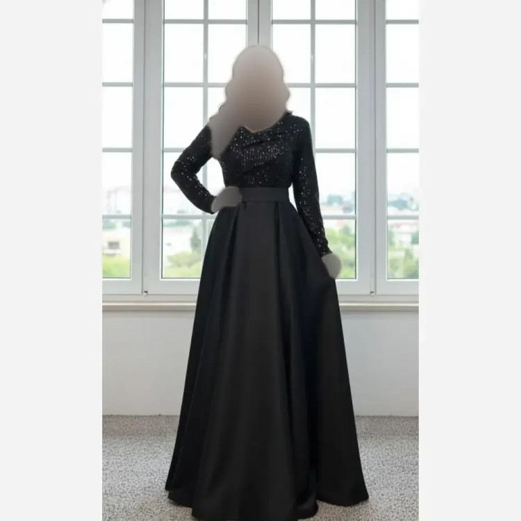 پیراهن ماکسی مجلسی زنانه پولک زارا و ساتن آمریکایی مشکی کمربنددار