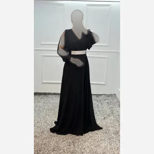 پیراهن ماکسی زنانه مجلسی حریر کمربند دار با خرج کار لواشکی قد 155