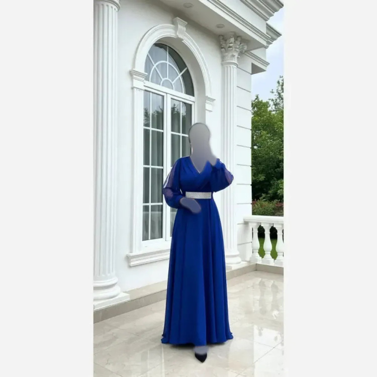 پیراهن ماکسی زنانه مجلسی حریر کمربند دار با خرج کار لواشکی قد 155