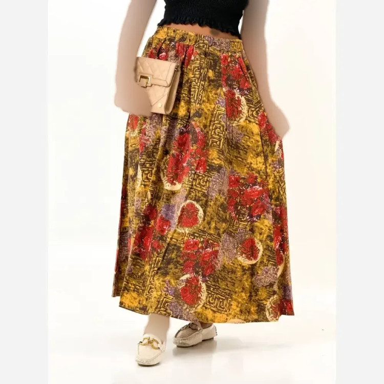 دامن لینن طرح دار زنانه فری سایز قد 87