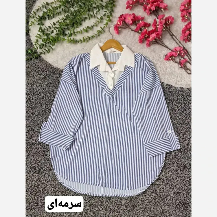 شومیز راه راه زنانه نخی یقه دار فری سایز 38 تا 48