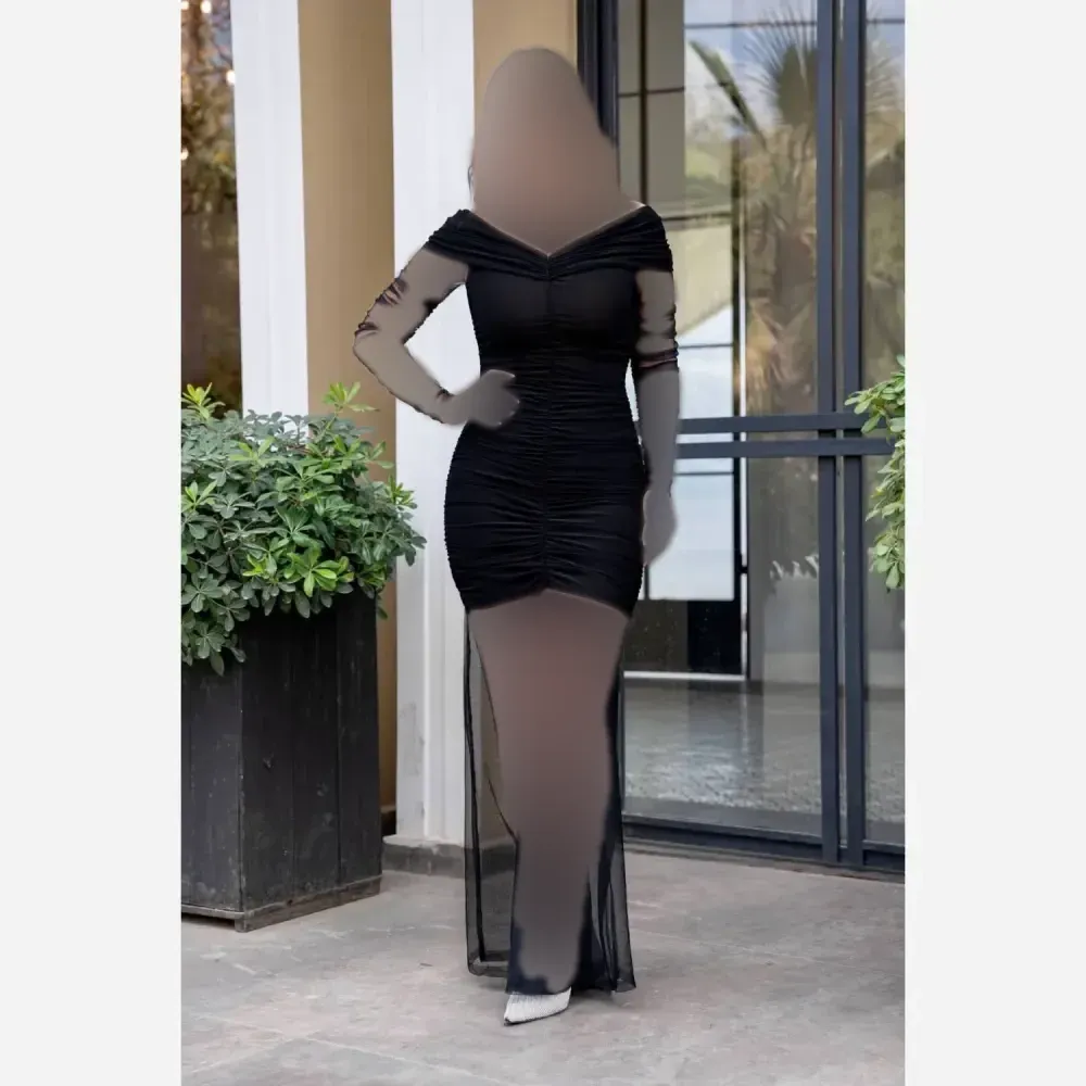 پیراهن مجلسی زنانه مدل هاریکا جنس فلامنت و تور رنگ مشکی قد 160