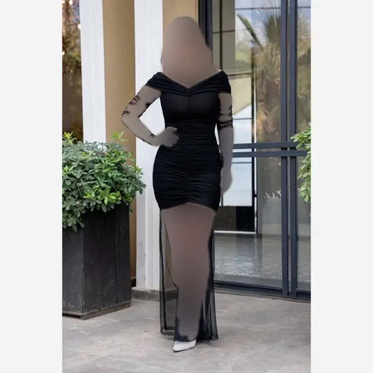 پیراهن مجلسی زنانه مدل هاریکا جنس فلامنت و تور رنگ مشکی