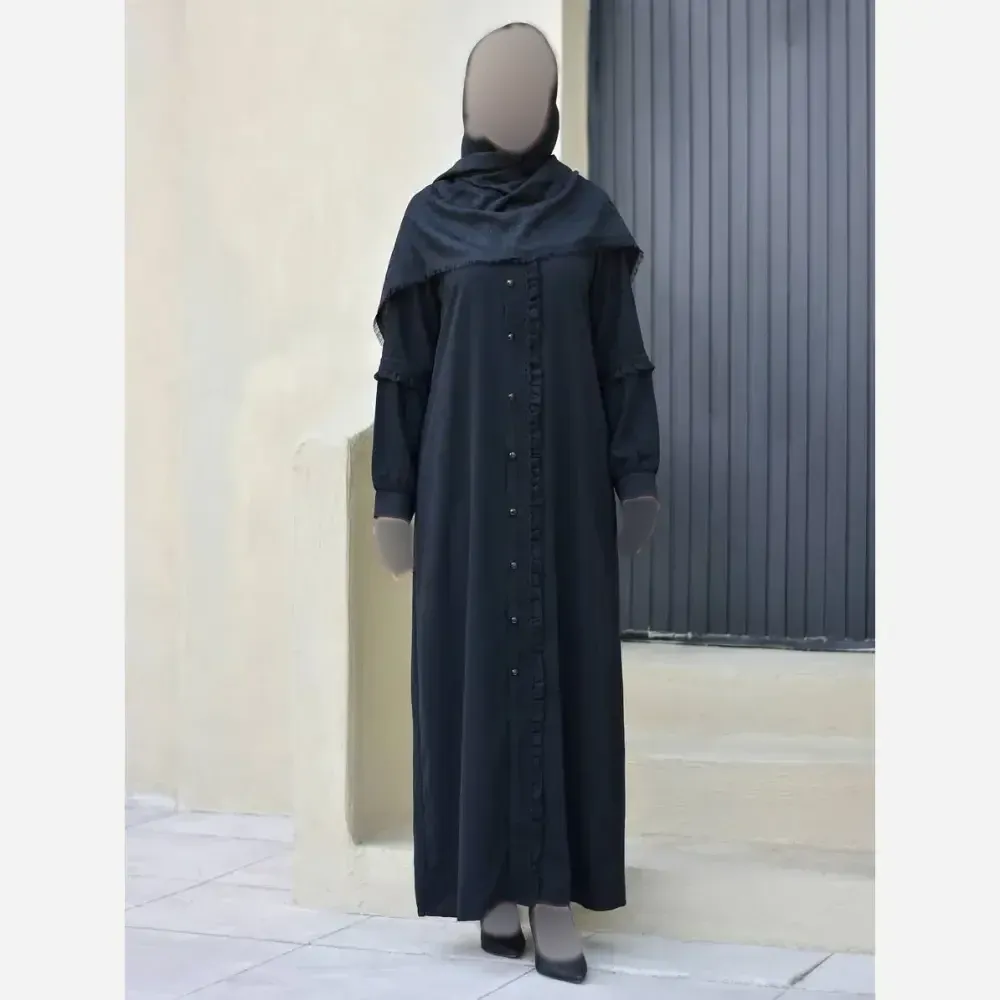 مانتو عبایی جیب دار مدل آفاق جنس کرپ ندا اماراتی با خرج کار گیپور