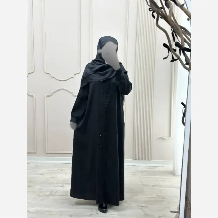 مانتو عبایی جیب دار مدل آفاق جنس کرپ ندا اماراتی با خرج کار گیپور