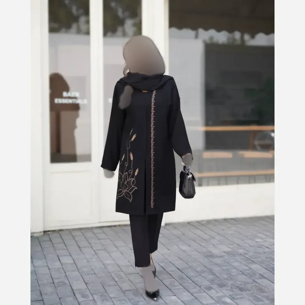 مانتو زنانه شانتون گلدوزی شده سایز بزرگ مدل گل مخمل قد 94