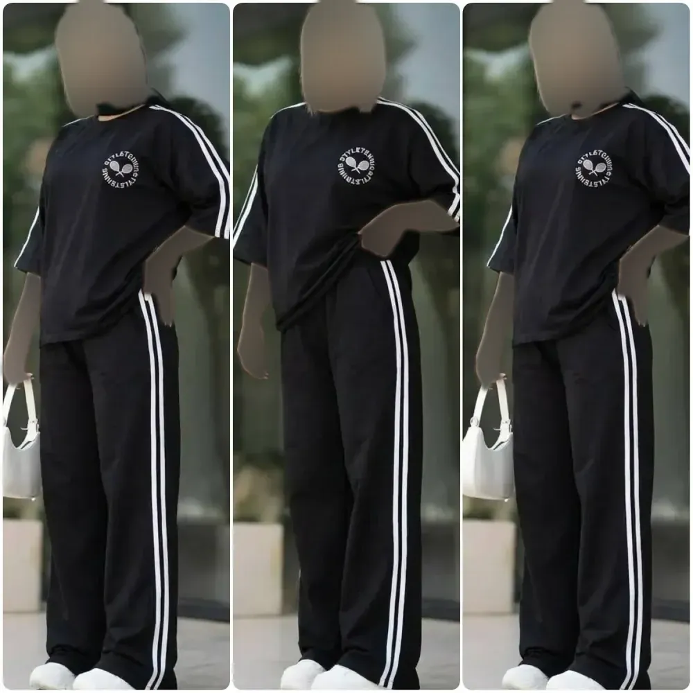 ست تیشرت و شلوار زنانه مدل نیکیتا جنس پنبه گلکسی رنگ مشکی سایز فری سایز