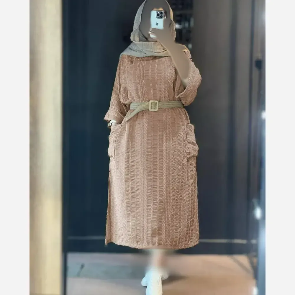 کفتان زنانه کوک دوزی مزونی فری سایز با کمربند کنفی و جیب دار