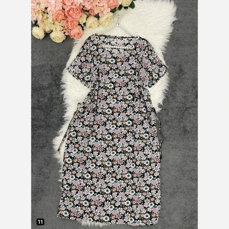 پیراهن نخی زنانه کمربنددار فری سایز تا 48