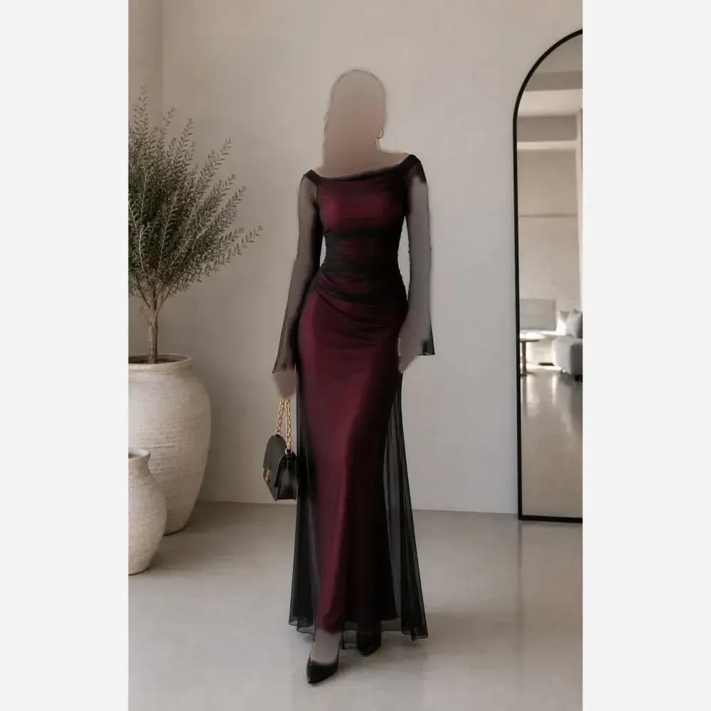 پیراهن مجلسی زنانه جنس تور و آستر قد 140 رنگ مشکی زرشکی سایز 36 تا 44
