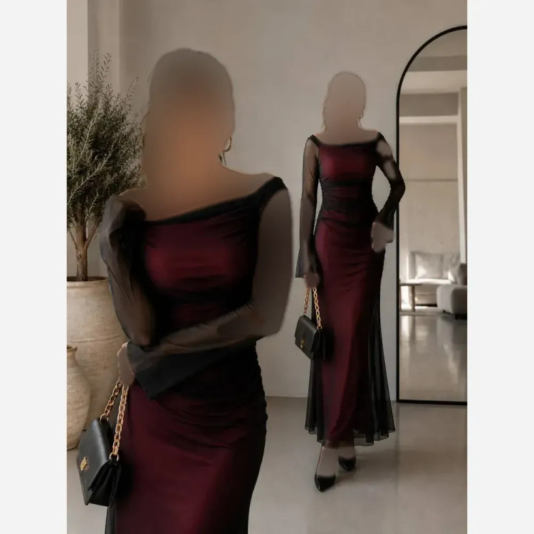 پیراهن مجلسی زنانه جنس تور و آستر قد 140 رنگ مشکی زرشکی سایز 36 تا 44