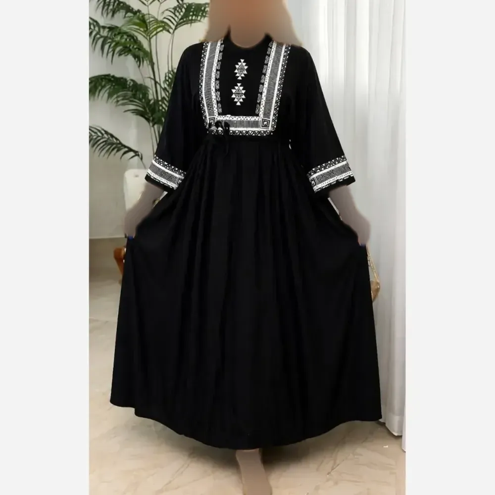 پیراهن ساحلی نخی سرخپوستی فری سایز زنانه رنگ مشکی و نسکافه ای