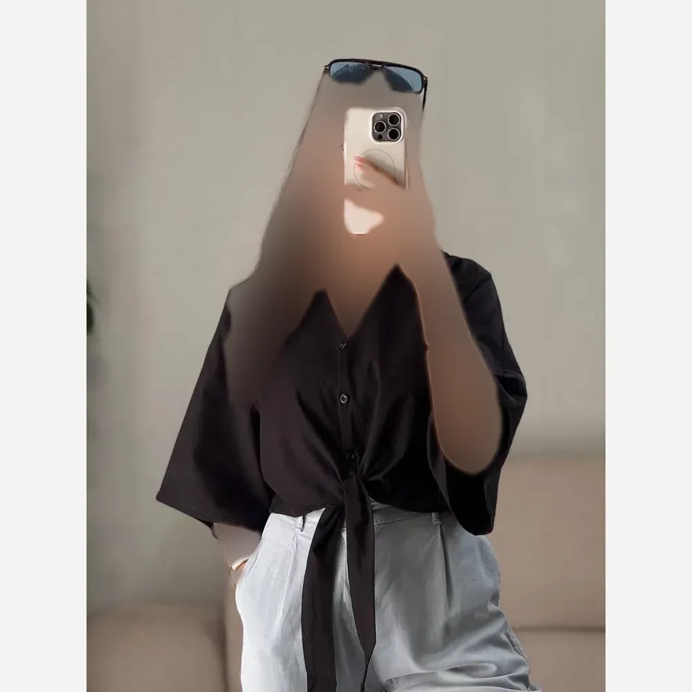 شومیز جلو گره ای لینن پنبه مدل تبسم فری سایز