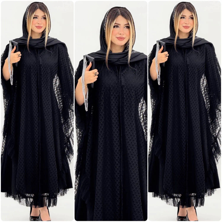 سارافون مجلسی مشکی رویه دانتل و زیره کرپ بوگاتی فری سایز 38 تا 48