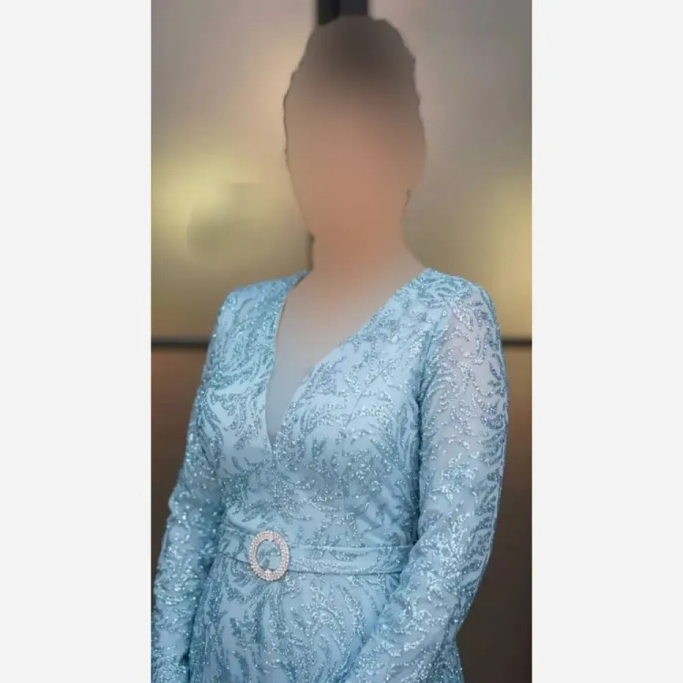 ماکسی مجلسی زنانه حریر شاین پفکی رنگ آبی سایز بزرگ